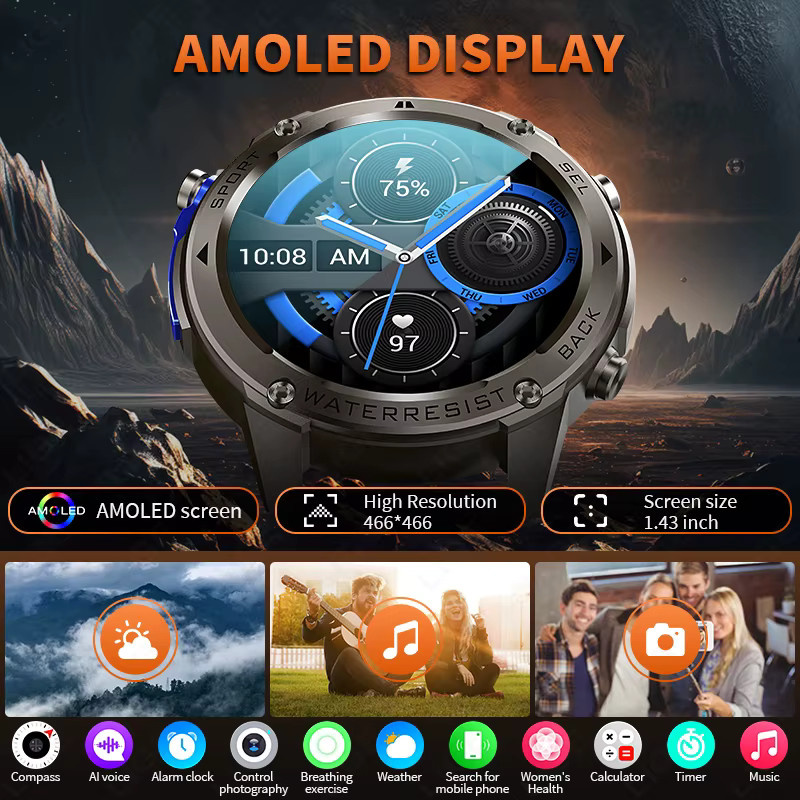 LIGE Smartwatch mit 1,43 Zoll AMOLED Bildschirm, GPS, Bluetooth Sprachanruf und 5ATM Wasserdichtigkeit, Farbe: Schwarz - Bild 2