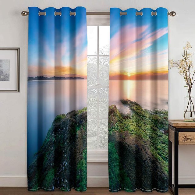 Yiran Furniture Naturlandschaft Verdunkelungsvorhänge mit Wald- und Sonnenuntergang-Motiv, 2er-Set, halbtransparent, Mehrfarbig, B: 100 cm, H: 130 cm - Bild 1