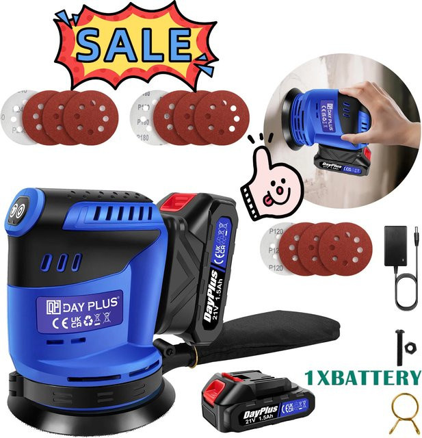 DayPlus Kabelloser Exzenterschleifer in Blau mit 21 V, 3 Geschwindigkeitsstufen (7000–11000 OPM) und 125 mm Klett-Schleifpad zum Polieren und Entfernen von Farbe - Bild 1