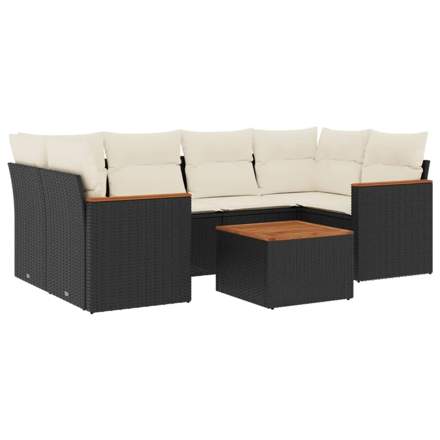 vidaXL 7-teilige Garten-Sofagarnitur aus Poly-Rattan und Akazienholz in Schwarz mit Kissen - Bild 2