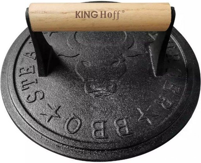 Kinghoff Gusseisen-Grillpresse für Burger und Steaks in Schwarz mit ergonomischem Griff und Holzgriff, Durchmesser: 22 cm - Bild 1