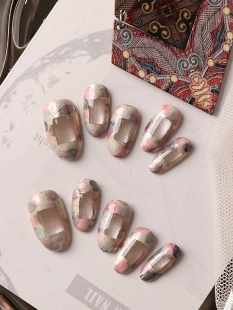 XEERCOOU Künstliche Nägel Set, Grün-Rosa, Glänzend, 10 Stück - Bild 1