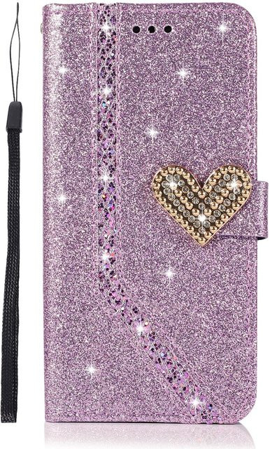 HQBBRO Glitzer Klapp-Handyhülle aus Leder mit Portemonnaie und Ständer für iPhone 11 bis iPhone 15 Pro Max, Violett - Bild 1