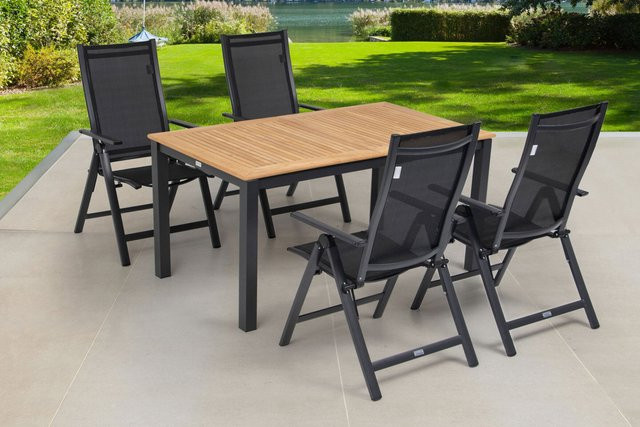OUTFLEXX Garten-Essgruppe aus Aluminium, Teakholz und Textilene in Anthrazit Matt mit Ausziehtisch und 4 Klappstühlen - Bild 1