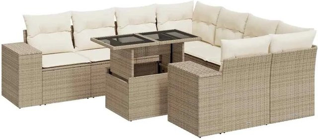 vidaXL 9-tlg. Garten-Sofagarnitur in L-Form aus Poly-Rattan in Beige mit Kissen und Metallrahmen - Bild 1