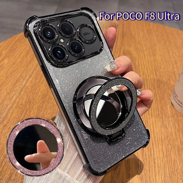 Glitzer Silikonhülle mit Magnet-Spiegelhalterung für Xiaomi Poco F8 Ultra und F8 Pro in Lila - Bild 1