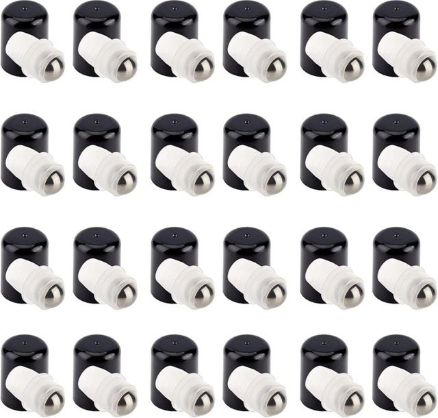 24 Sets Rolleneinsätze für ätherische Öle, Edelstahl-Rollerkugeln und schwarzer Flaschenverschluss, 5–15 ml - Bild 1