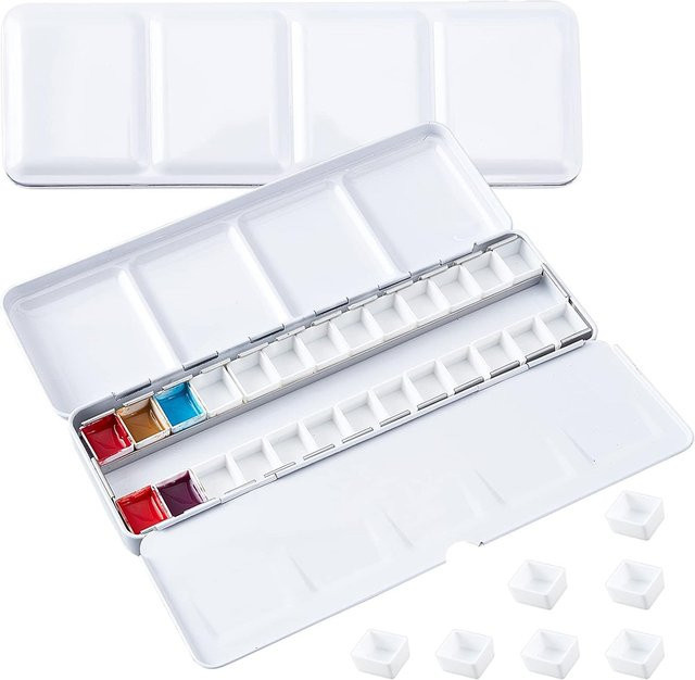 Leere Aquarellpalette mit 26 halben Pfannen und ausklappbarem Tablett in Schwarz und Weiß - Bild 1