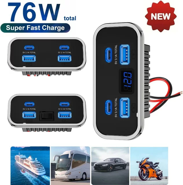 kebidumei Dual USB PD3.0 QC3.0 Schnellladepanel mit 4 Ports und Typ-C, 76W Ladeadapter für Marine, Bus, ATV und LKW, Schwarz - Bild 1