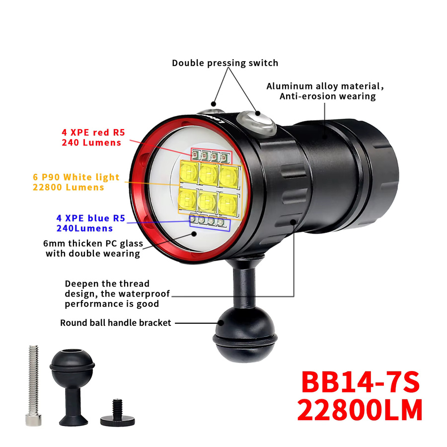 LetonPower Unterwasser Videokamera Taschenlampe mit 27 LED und 20000 Lumen, Wasserdichte Tauchlampe für Fotografie in Schwarz - Bild 3
