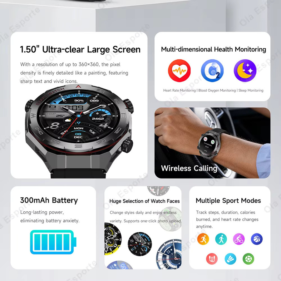 Ola Esporte Militärische Smartwatch für Herren in Schwarz mit Gesundheitsmonitor, kabelloser Anruffunktion und IP68 wasserdicht, kompatibel mit Android, Modell HT30 - Bild 2
