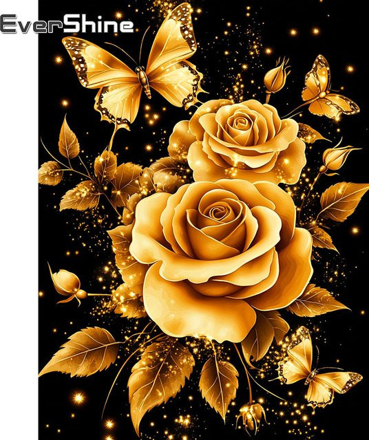 EverShine Diamant-Gemälde Rosenbild mit Schmetterling und Strasssteinen in Gold, Bastelset für Erwachsene - Bild 1