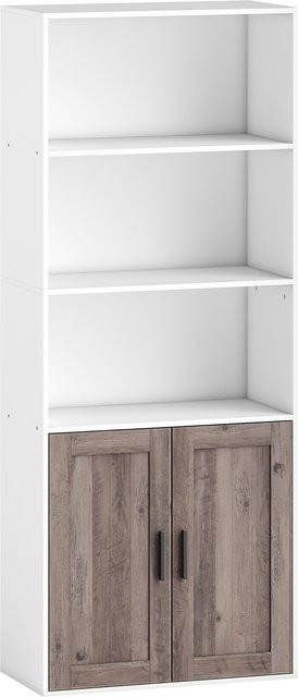 HOMCOM Bücherregal mit Türen und höhenverstellbaren Ablagen, Schmaler Schrank für Wohnzimmer und Büro, Weiß und Braun, B/T/H: 60 x 30 x 149,5 cm - Bild 1