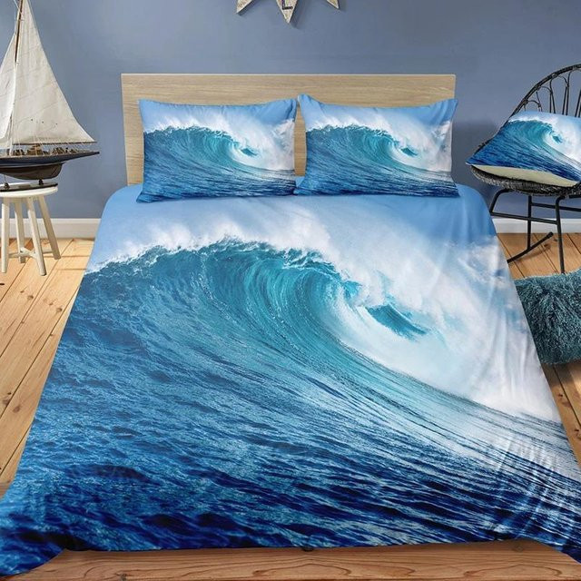 Binchi Fitness 3D-Bettwäscheset Meereswellen in Blau mit Bettbezug und Kissenbezug, B/H: 200 x 200 cm - Bild 1