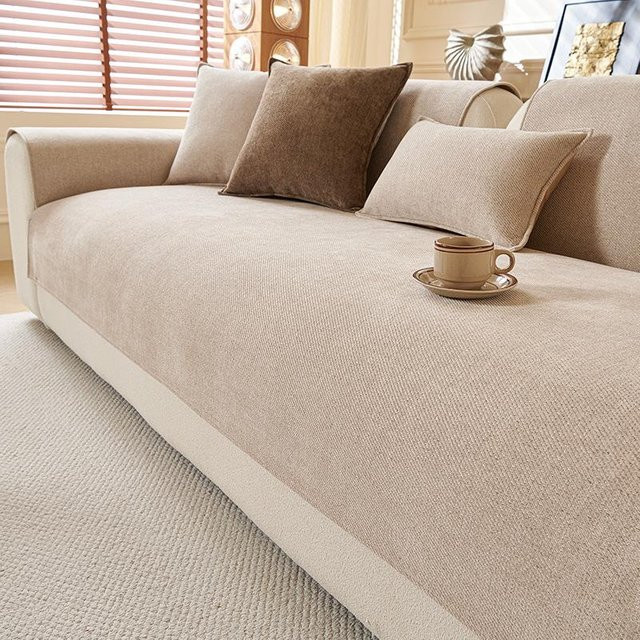Minimalistischer Chenille Sofa-Sitzbezug in Beige, rutschfest und schmutzabweisend, Breite: 70 cm, Tiefe: 70 cm - Bild 1