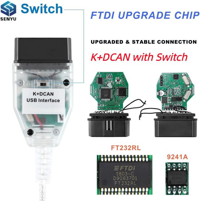 INPA K+CAN K+DCAN Kfz-Diagnose-Scanner-Kabel mit Schalter und FTDI-Chip, OBD2 USB-Schnittstelle für BMW Diagnosegeräte, Weiß - Bild 1