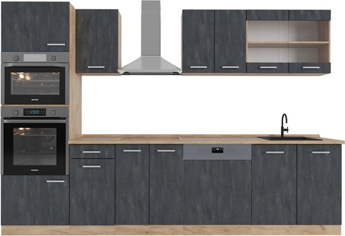 Vicco R-Line Küchenzeile Schwarz Beton Eiche mit Arbeitsplatte Weiß-Marmor Breite: 300 cm, Höhe: 206,8 cm, Tiefe: 57 cm - Bild 2