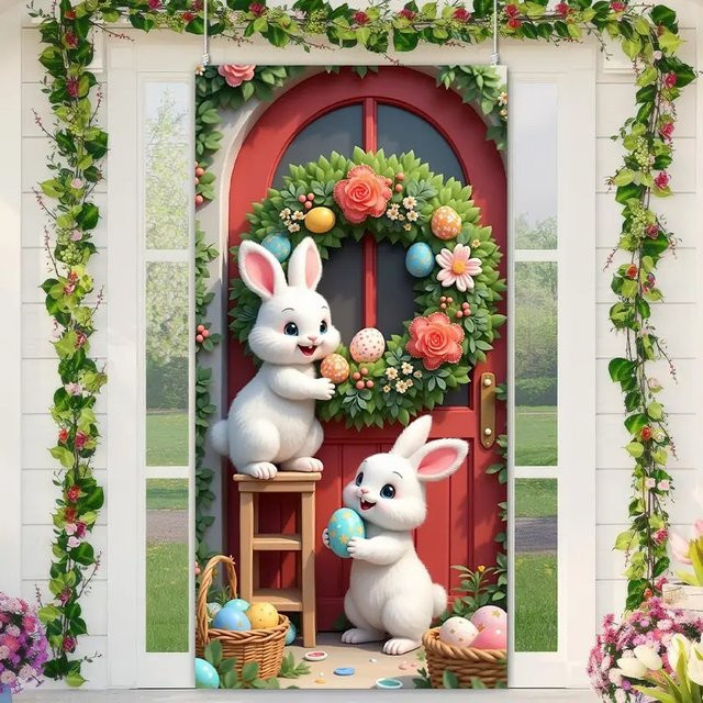 DRIHANCO Osterhase 2D-Türflagge als Seidenschild zum Aufhängen mit blauer Schleife in Mehrfarbig - Bild 1