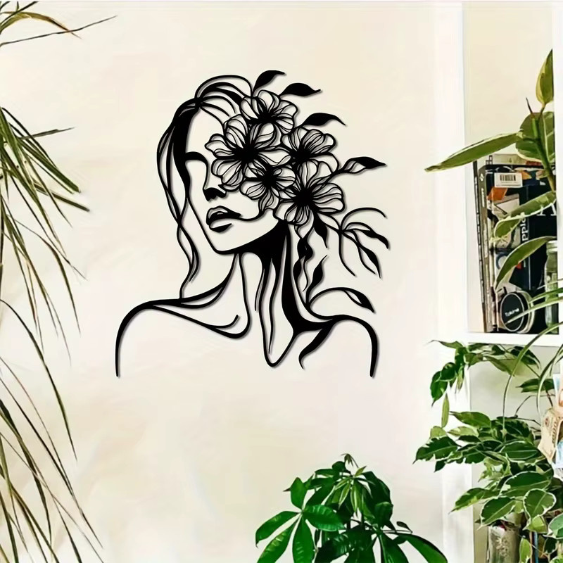 CIFBUY Handgefertigte Metall-Wandkunst mit botanischem Blumenmuster und geometrischen Elementen in Schwarz-Weiß als moderne horizontale Wandskulptur für Innen- und Außenbereiche - Bild 2