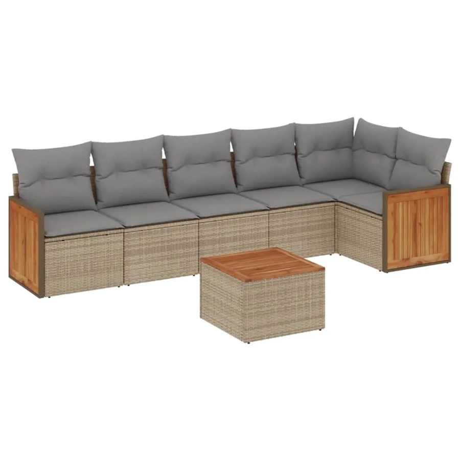 vidaXL 7-teilige Garten-Sofagarnitur aus Poly-Rattan und Akazienholz in Beige-Grau mit Kissen - Bild 2