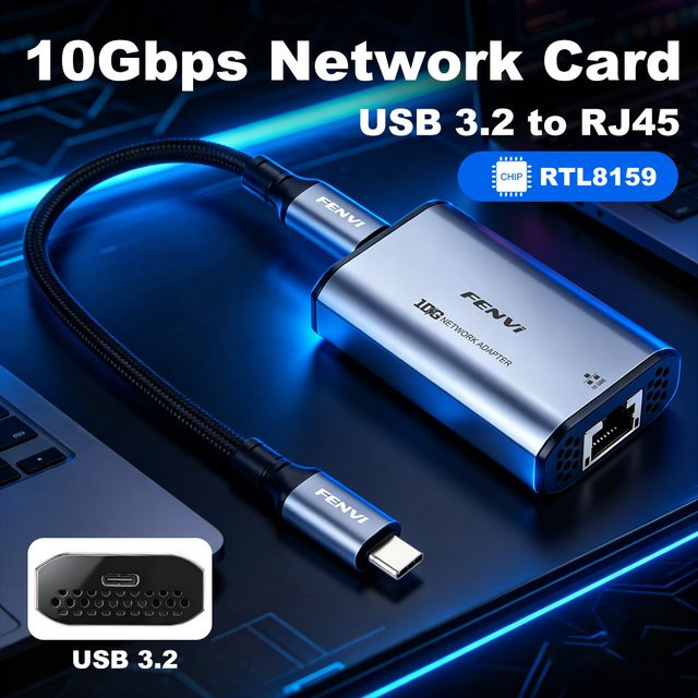 FENVI USB-Netzwerkadapter USB 3.2 auf 10GbE RJ45 Gigabit-Ethernet-Konverter in Silber mit USB-C Anschluss - Bild 1