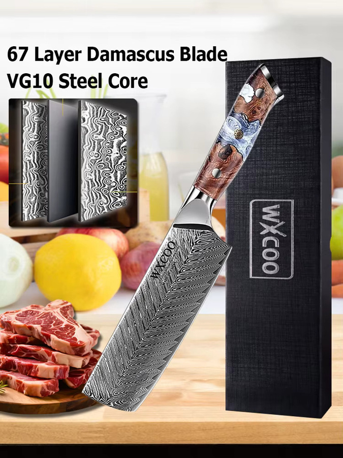 WXCOO Professionelles Küchenmesser-Set aus Damaszener Stahl mit Fleischbeil und Hühnerknochen-Schere sowie japanischem Ausbeinmesser - Bild 6