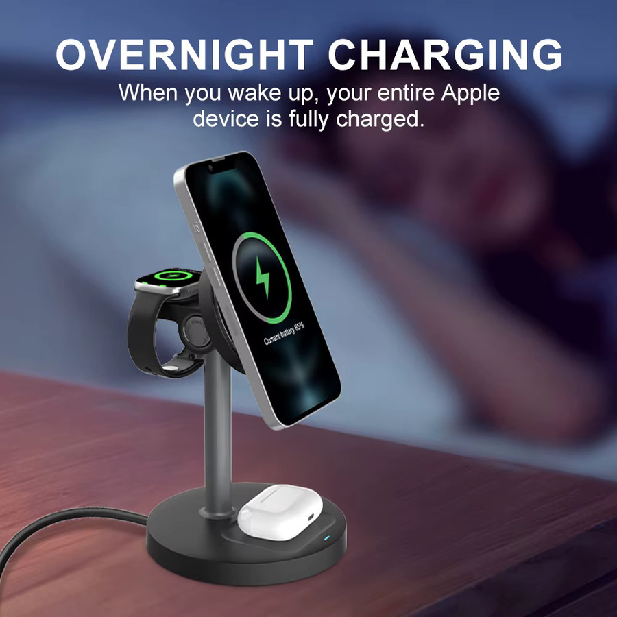 VEERNOO 3-in-1 Magnetisches Kabelloses Ladegerät in Weiß, 15 W Schneller Ladeständer für iPhone 12–16-Serie, iWatch und AirPods mit einstellbarem Winkel - Bild 3