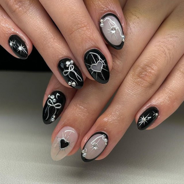 YADORNOS Press On Nails, 24 Stück, schwarz, Mandelform, Glänzend - Bild 1