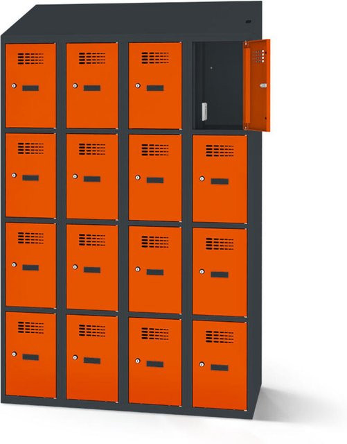 rotstahl Fächerschrank mit Ladefunktion und 16 Fächern in Orange mit anthrazitgrauem Korpus, B: 120 cm, H: 200 cm - Bild 1