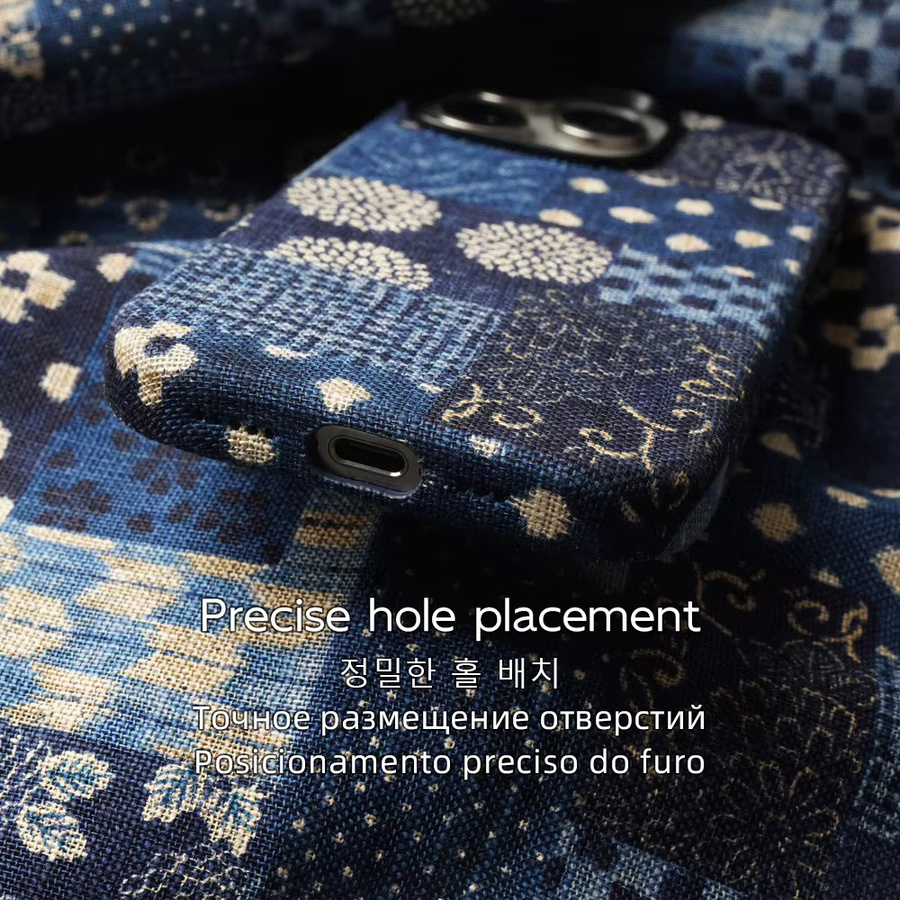 YMW Magnetische iPhone Hülle aus japanischem Baumwollstoff in Blau für iPhone 17, 16 Pro Max und 15 im Retro-Design - Bild 5