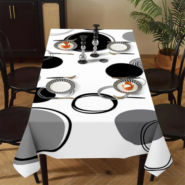 JMG Household Supplies Tischdecke mit geometrischem Kreis-Kunst-Muster in Schwarz, Weiß und Grau aus Polyester, B: 145 cm, T: 200 cm - Bild 1