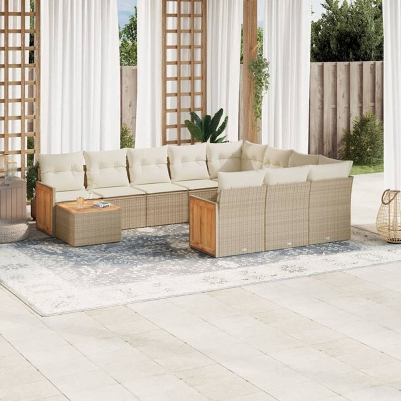 Vidaxl Gartenmöbel-Set aus Polyrattan und Akazie mit 11 Teilen und Kissen, Beige - Bild 1