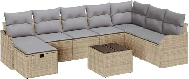 vidaXL Garten-Sofa-Set aus Poly-Rattan in Beige, 9-teiliges Lounge-Set mit Kissen, Ecksofa, Sesseln, Ottoman und Couchtisch inklusive integriertem Kissen-Speicher - Bild 1