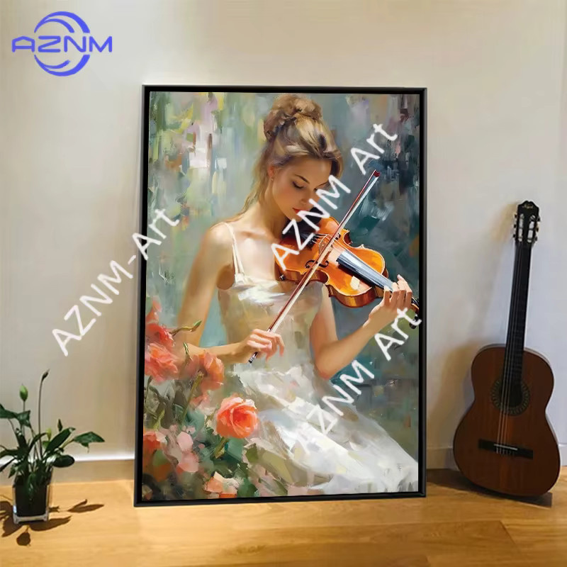 Vintage Ölgemälde Leinwanddruck Musik-Kunst mit Klavier und Violine in Mehrfarbig für deine Wanddekoration - Bild 3