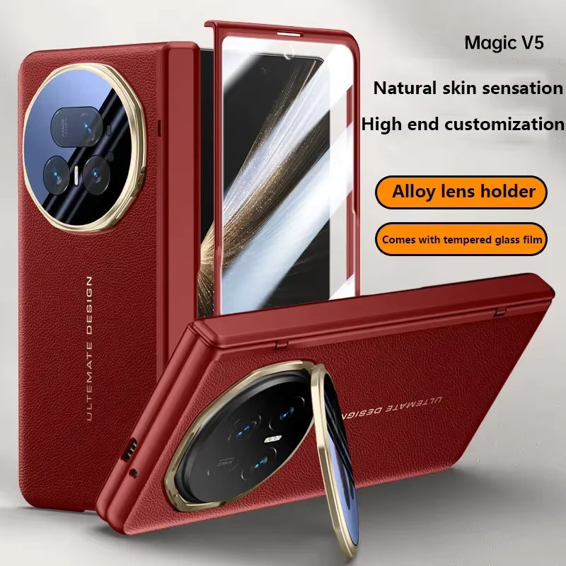 Hautfreundliche Ledertasche für Honor Magic V5 in Rot mit magnetischem Klappscharnier und stoßfester Abdeckung inklusive 9H HD/Anti-Peep-Hartschutzfolie - Bild 1