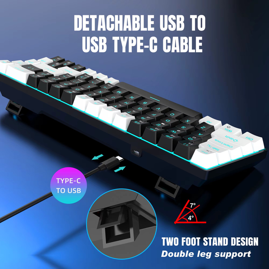 HXSJ Mechanische Tastatur mit 68 Tasten und Hintergrundbeleuchtung in Schwarz-Weiß mit abnehmbarem USB-C-Kabel - Bild 3
