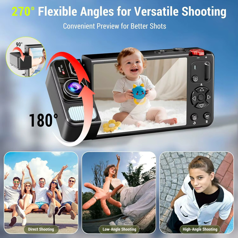 4K Digitalkamera mit 64 MP, 18X Zoom und 270 Grad Flip Screen für Fotografie und Vlogging in Schwarz - Bild 2
