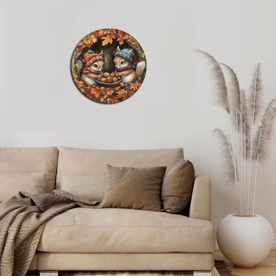 Rundes Wandkunstschild aus Aluminium von Potdemiel mit Eichhörnchen und Nüssen im Vintage-Stil, Mehrfarbig, Durchmesser: 20 cm - Bild 4