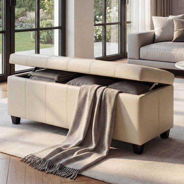 MCW Aufbewahrungs-Truhe Sitzbank Arezzo aus Leder und Kunstleder in Beige, B/T/H: 112 x 45 x 45 cm - Bild 1