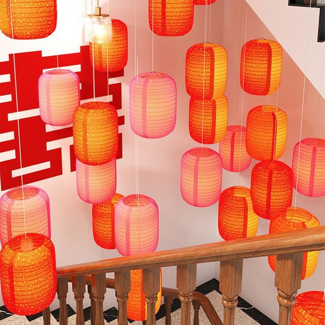 5 Stück rote zylindrische chinesische Papierlaternen im orientalischen Design zur Dekoration für Hochzeiten und Feste - Bild 1