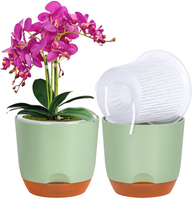 YOCITY Orchideentöpfe aus Kunststoff mit Löchern zum Umtopfen, transparent und grün, selbstbewässernd, B/T/H: 14,5 x 13,0 x 13,0 cm - Bild 1
