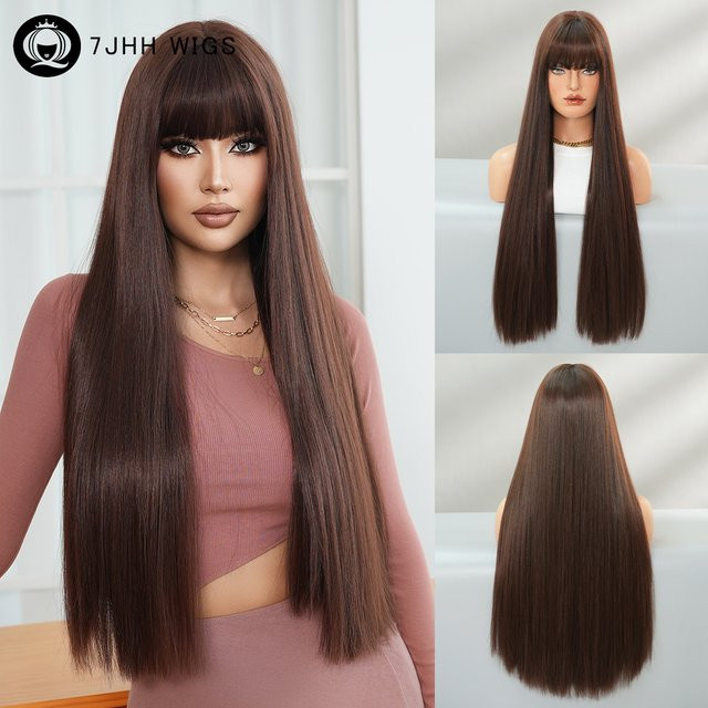 7JHH WIGS Kunsthaarperücke für Damen, mokkabraun, lang, glatt, mit Pony - Bild 1