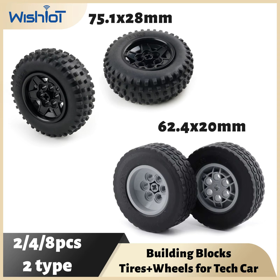 Wishiot Reifen und Räder Bausteine für technische Fahrzeugmodelle, Set mit 2/4/8 Stück, Durchmesser: 62,4 mm oder 75,1 mm, Breite: 20 mm oder 28 mm, DIY MOC Spielzeug Zubehör aus Kunststoff - Bild 4