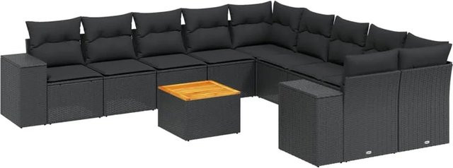 vidaXL 11-tlg Garten-Sofagarnitur in U-Form aus schwarzem Poly-Rattan mit Kissen und Metallrahmen - Bild 1