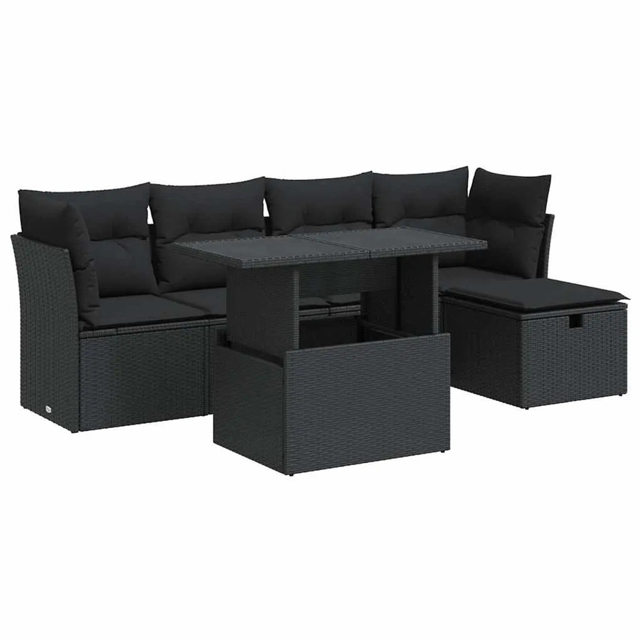vidaXL 6-tlg. Garten-Sofagarnitur in L-Form aus Polyrattan mit Kissen, Schwarz - Bild 2