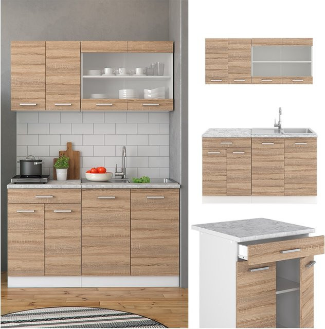 Vicco R-Line Küchenzeile Single Einbauküche Sonoma Eiche in Braun und Weiß, Breite: 140 cm - Bild 1