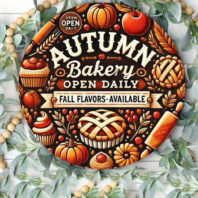 Potdemiel Rundes Metallschild Autumn Harvest Bakery mit Kürbissen, Äpfeln und Zimtstangen, Durchmesser: 20,32 cm - Bild 1