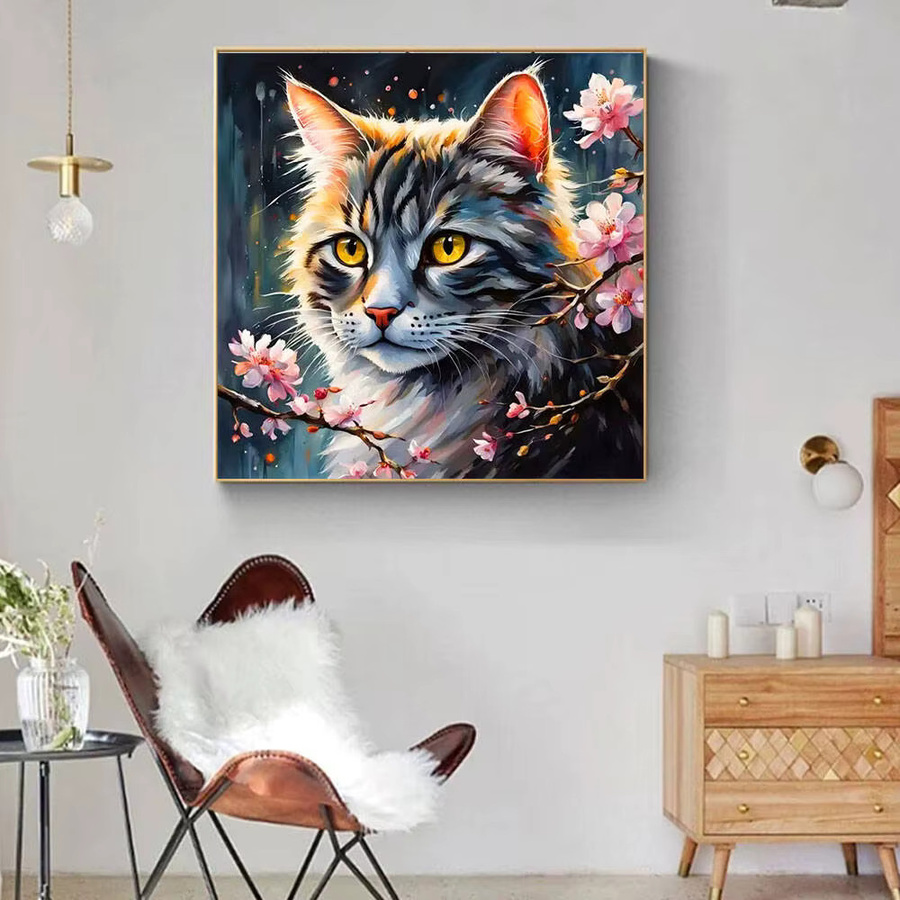 Huacan Diamantgemälde Katze mit Pflaumenblüten als Wanddekoration, Mehrfarbig, B/H: 20 x 20 cm - Bild 3