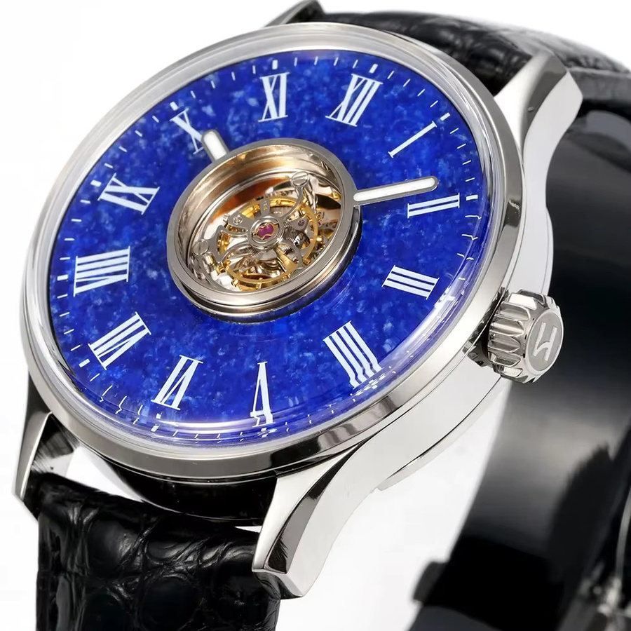 HUASUO Herren-Armbanduhr, Handaufzug, 42 mm, Leder, Blau, Edelstein - Bild 3