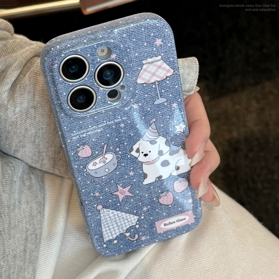 MUQGEW Stoßfeste iPhone Handyhülle mit koreanischem Denim-Muster und Cartoon-Welpen in Blau - Bild 2